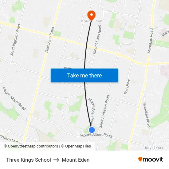 Three Kings School to Mount Eden map