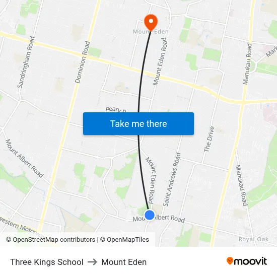 Three Kings School to Mount Eden map