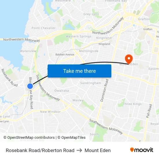 Rosebank Road/Roberton Road to Mount Eden map