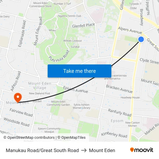 Manukau Road/Great South Road to Mount Eden map