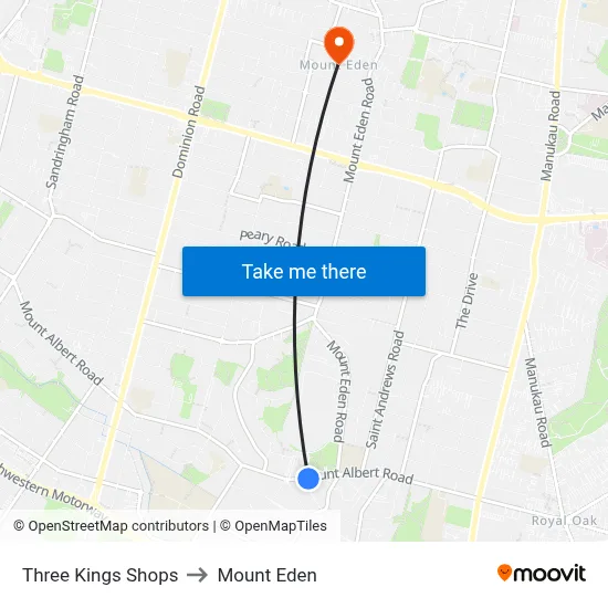 Three Kings Shops to Mount Eden map