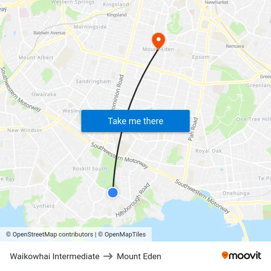 Waikowhai Intermediate to Mount Eden map