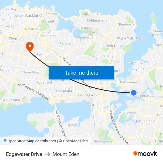 Edgewater Drive to Mount Eden map