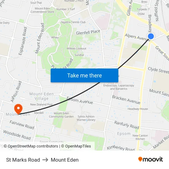 St Marks Road to Mount Eden map