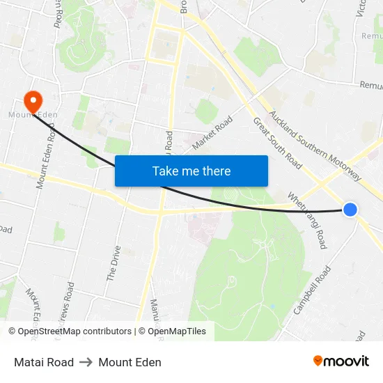 Matai Road to Mount Eden map
