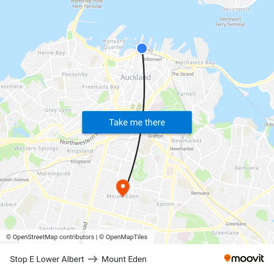 Stop E Lower Albert to Mount Eden map
