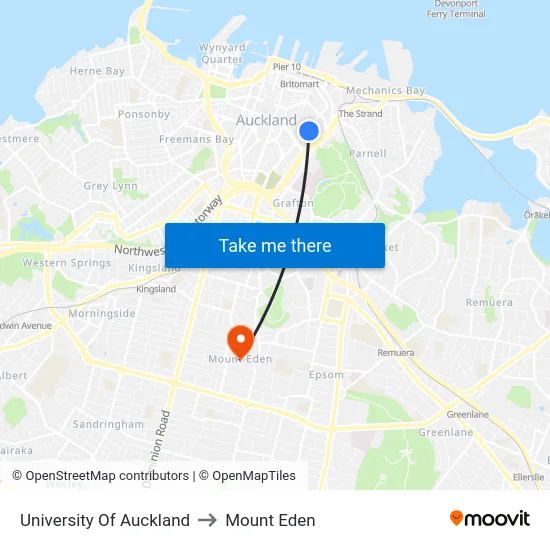 University Of Auckland to Mount Eden map