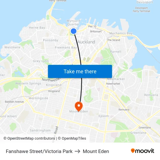 Fanshawe Street/Victoria Park to Mount Eden map