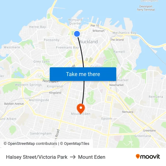 Halsey Street/Victoria Park to Mount Eden map