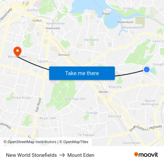 New World Stonefields to Mount Eden map