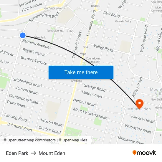 Eden Park to Mount Eden map