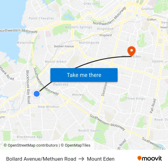 Bollard Avenue/Methuen Road to Mount Eden map