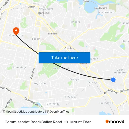 Commissariat Road/Bailey Road to Mount Eden map