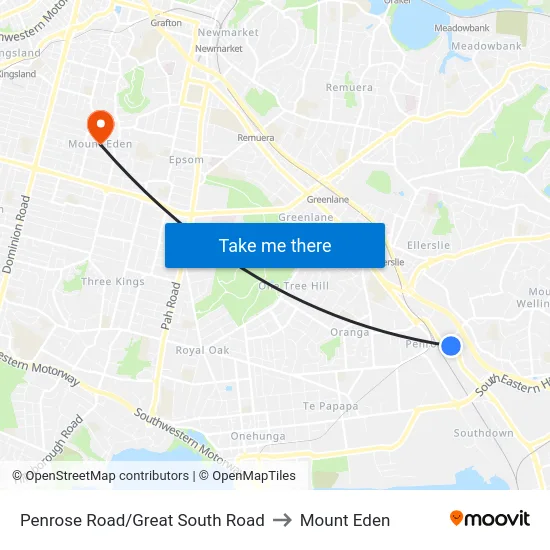Penrose Road/Great South Road to Mount Eden map