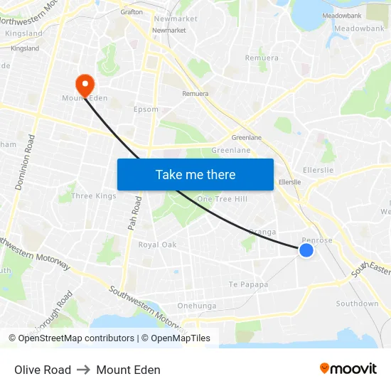 Olive Road to Mount Eden map