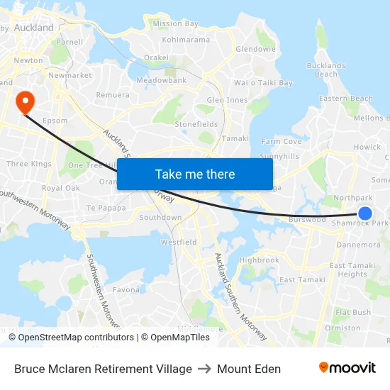 Bruce Mclaren Retirement Village to Mount Eden map