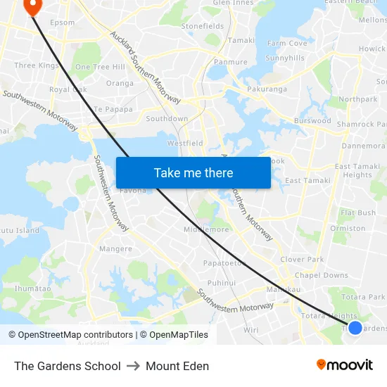 The Gardens School to Mount Eden map