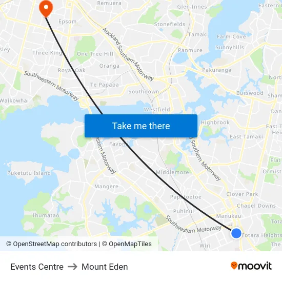 Events Centre to Mount Eden map