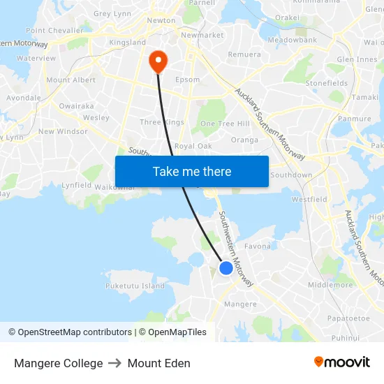 Mangere College to Mount Eden map