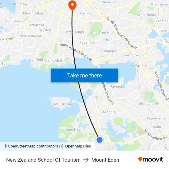 New Zealand School Of Tourism to Mount Eden map