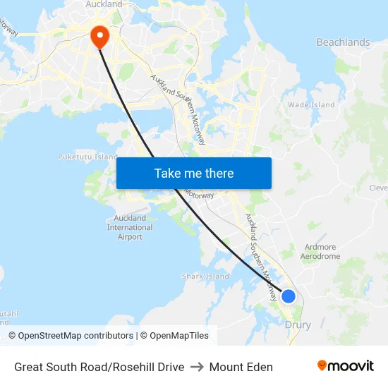 Great South Road/Rosehill Drive to Mount Eden map