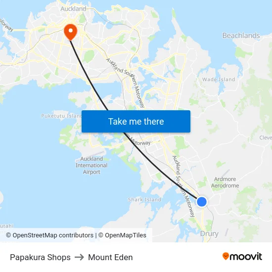 Papakura Shops to Mount Eden map