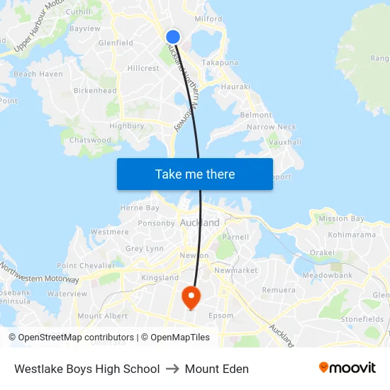 Westlake Boys High School to Mount Eden map