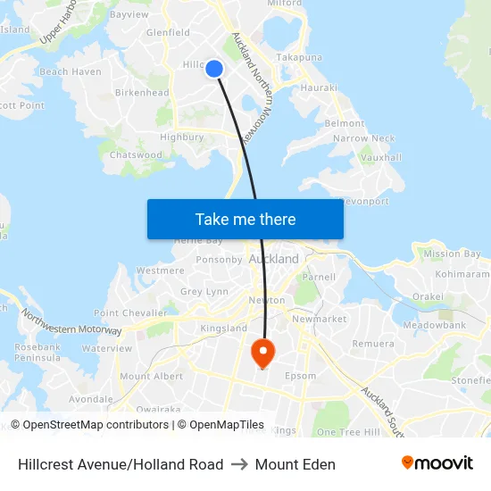 Hillcrest Avenue/Holland Road to Mount Eden map