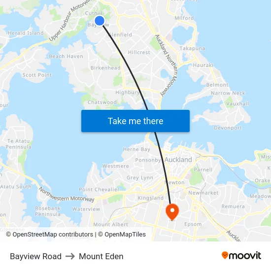 Bayview Road to Mount Eden map