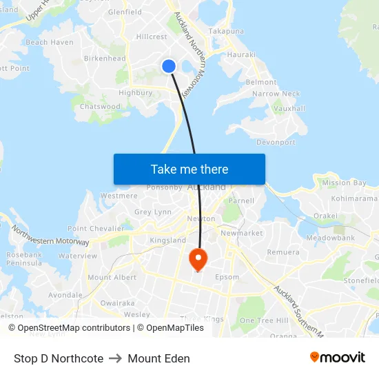 Stop D Northcote to Mount Eden map