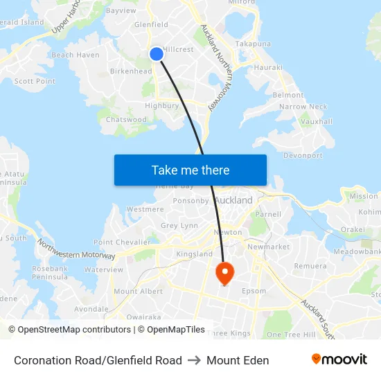 Coronation Road/Glenfield Road to Mount Eden map