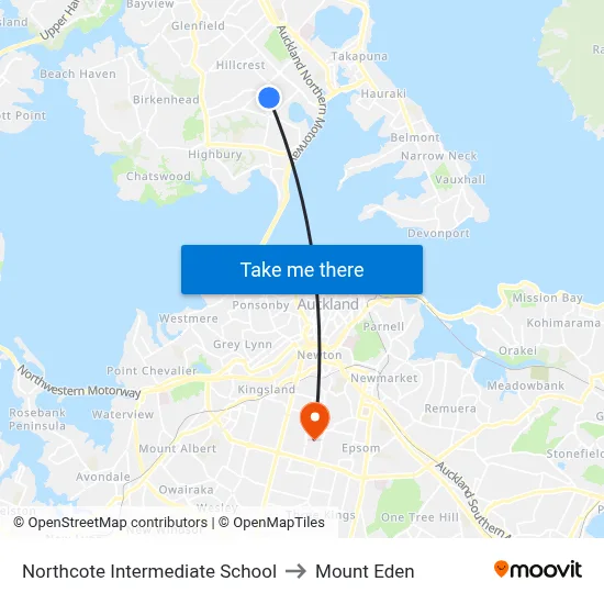 Northcote Intermediate School to Mount Eden map