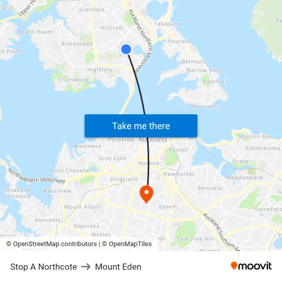 Stop A Northcote to Mount Eden map