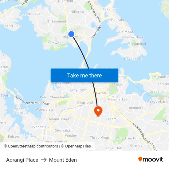 Aorangi Place to Mount Eden map