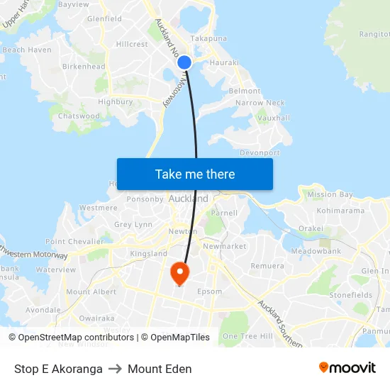 Stop E Akoranga to Mount Eden map
