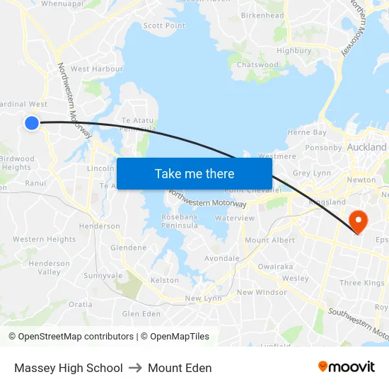 Massey High School to Mount Eden map