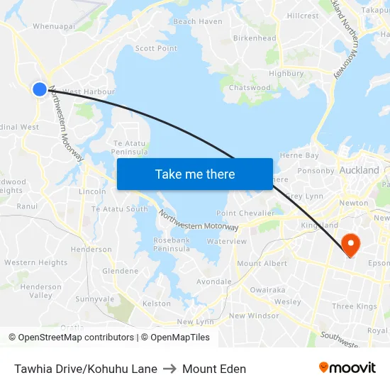 Tawhia Drive/Kohuhu Lane to Mount Eden map