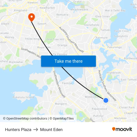 Hunters Plaza to Mount Eden map