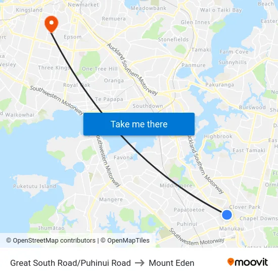Great South Road/Puhinui Road to Mount Eden map