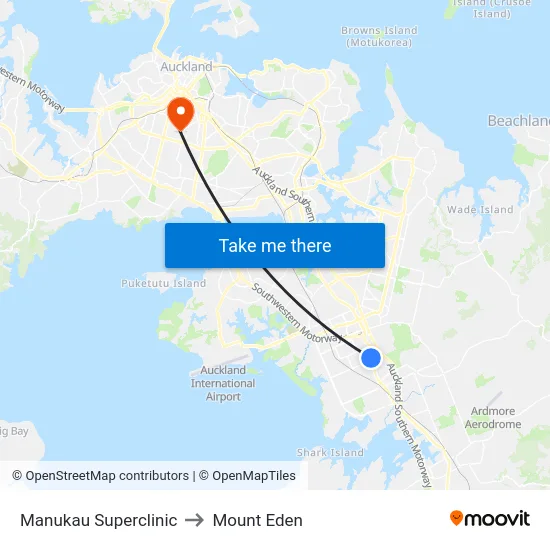 Manukau Superclinic to Mount Eden map