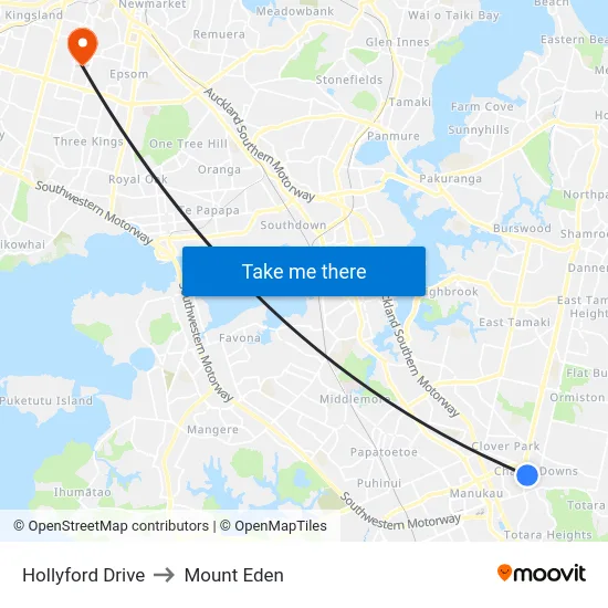 Hollyford Drive to Mount Eden map