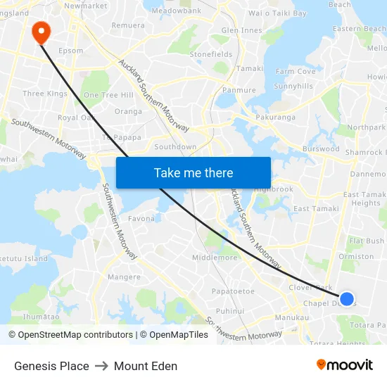 Genesis Place to Mount Eden map