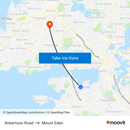 Robertson Road to Mount Eden map