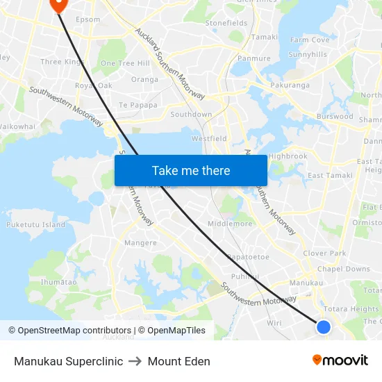 Manukau Superclinic to Mount Eden map