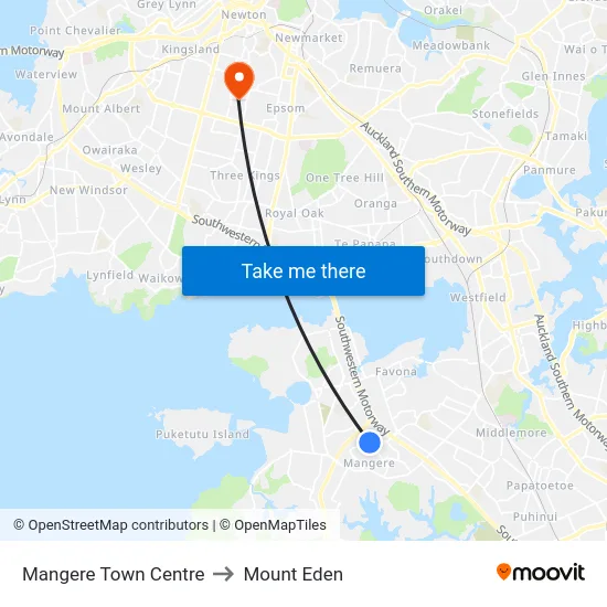 Mangere Town Centre to Mount Eden map