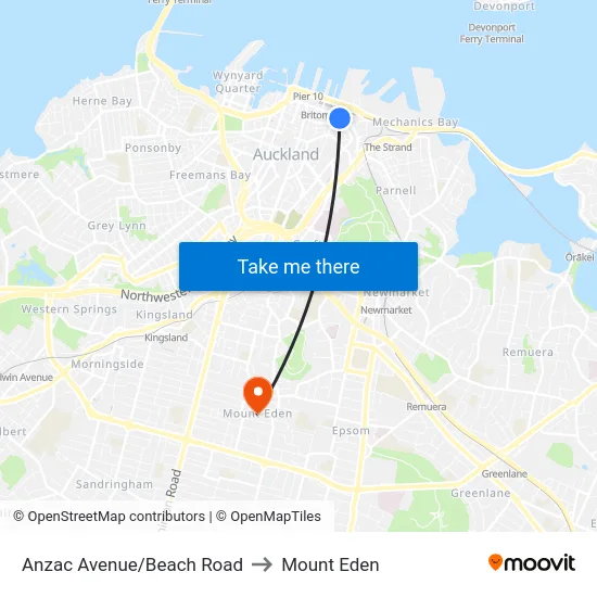 Anzac Avenue/Beach Road to Mount Eden map