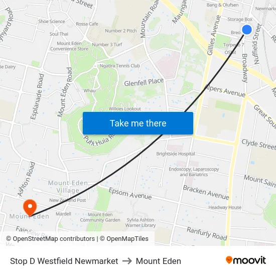 Stop D Westfield Newmarket to Mount Eden map