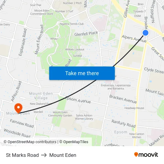 St Marks Road to Mount Eden map