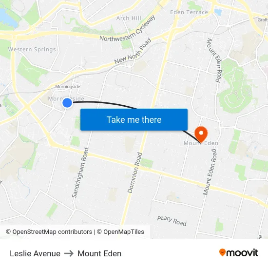 Leslie Avenue to Mount Eden map