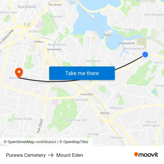 Purewa Cemetery to Mount Eden map